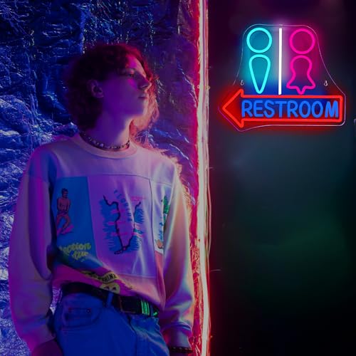 Image of Restroom with Arrow Neon Signs for Wall Decor Dimmable LED Gender Bathroom Sign,USB Powered Light for Bar Restaurant Business Bathroom Cafe Shop Home
