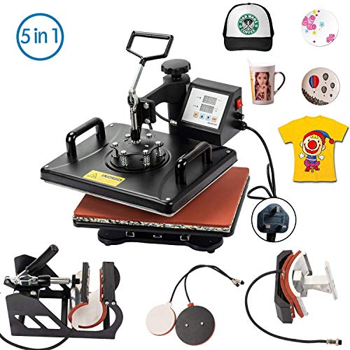 Display4top 5 en 1 Prensa de Calor Maquina de Prensa de Calor Sombrero/placa/gorra/camiseta multifunción bricolaje prensa de calor,29 x 38cm,Rotación de 360°,Enchufe estándar británico