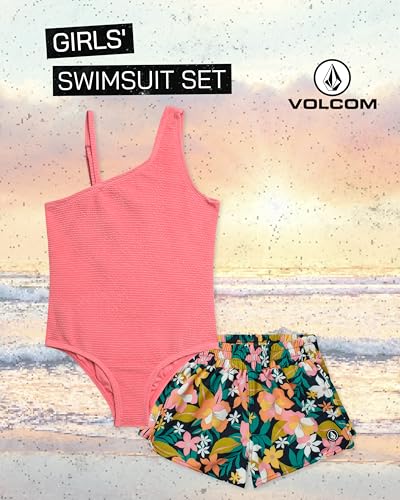 Image of Volcom Girls' Swimsuit Set - UPF50+ Quick-Dry Girls One Piece Swimsuits with Matching Swim Shorts for Swimming (Sizes: 2T-16)