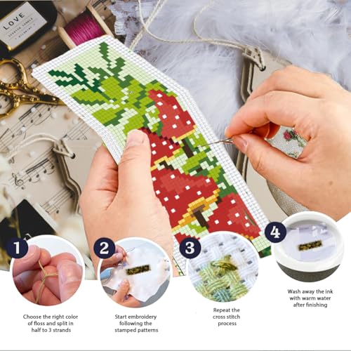 INFUNLY 6pcs Mushroom DIY Cross Stitch Bookmark Kits 2.4''x7.9'' Plants Stamped Embroidery Bookmark Kit with Instruction Red Mushroom Embroidery Bookmark Set including Pre-Printed Plants for Book Lovers - Image 4