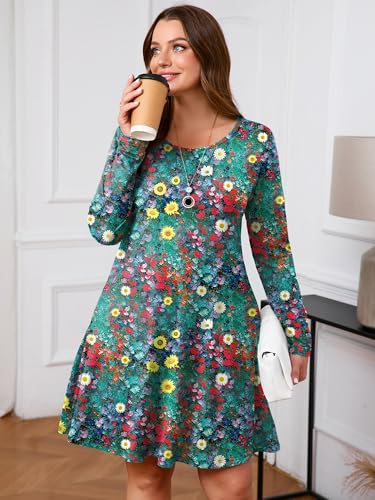 Image of AusLook Women's Plus Midi Dress Long Sleeve Crew Neck A-Line Swing Flowy Vacation Fall Wedding Guest Dresses with Pocket 1-5X