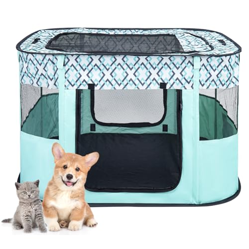 Foldable Pet Playpen, Portable Small Dog Cat Crate, Soft Indoor Outdoor Pet Cage, Puppy Playpen with Mesh Panels, Dog Tent, Cat Playpen, Travel Pet Puppy Cage for Pets (Green-S)