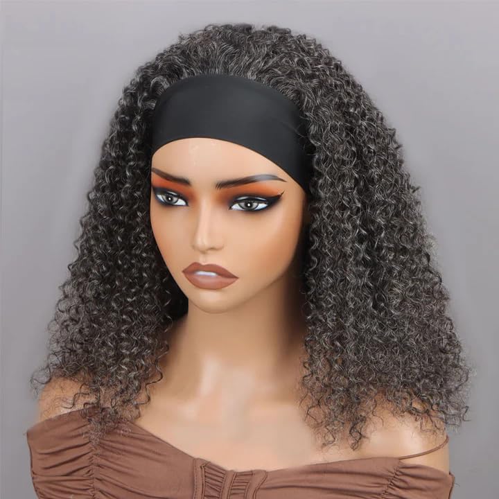 SOUL LADY Salt And Pepper Grey Wigs, Body Wave Headband Human Hair Wigs For Seniors Silver Gray Body Wave Headband Wig Non Lace Bob Wig 12 Inch