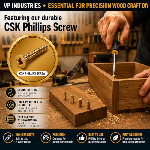 Image of By inchVP INDUSTRIES inch (Pcs-50) No.8x38 mm CSK Phillips Head Self-Tapping Screw - Brass Gold Finish, Star Slot, Philips Drive for Wood, Plywood & Plasterboards
