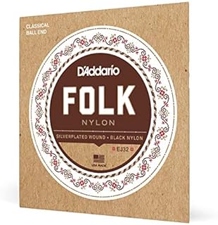 D'Addario Guitar Strings - Folk Nylon Guitar Strings - EJ32 Classical Guitar Strings - Nylon Core, Ball End - Silver Plated Wrap, Black Nylon Trebles