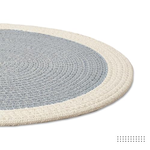 Image of Dining Table Mats Set of 4 | Cotton Table Mat 32 cm Diameter, Ecasa XO Washable Round Table Mats, Heat Resistance Dining Table Placemats, Handmade Ribbed Style for Centre Table, Light Grey & Off White