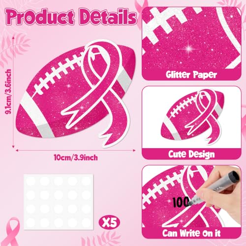 Image of Hot Pink Football Glitter Cutout for Breast Cancer Awareness Party Supplies | 100Pcs Glitter Pink Football Cuts for Birthday Favor Sport Ball Paper Cuts with Glue for Pink Out Party Bulletin Board Decor