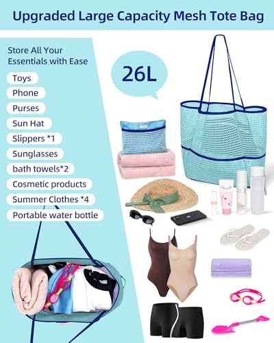 Image of Mesh Beach Tote Bag Packable,2026 New 2-in-1 Large Lightweight Foldable Beach Bags with Multiple Pockets for Women