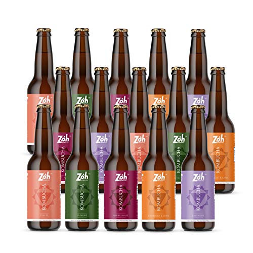Image of Zoh Green Tea Probiotics Kombucha Super Saver Variety Pack Of15 With Peach,Berry Blast,Jasmine,Lavender & Kashmiri Kahwa,Fizzy Probiotics Drink With Digestive Acids For Gut Health, 330 Mg (Pack Of 15)