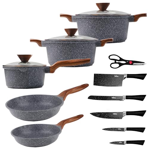 La Moustache - Batería de Cocina de Aluminio con Antiadherente | 8 Piezas Amalfi + 5 Cuchillos Inoxidables con Pelador de Verduras y Tijeras, Ollas/Sartenes para Todas las Cocinas, Incluso Inducción
