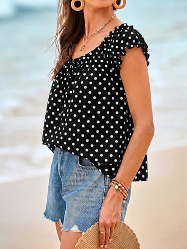 Image of Tankaneo Women Summer Tie Front Tank Tops Cap Sleeve Pleated Babydoll Tops Casual Loose Fit Going Out Flowy Shirt