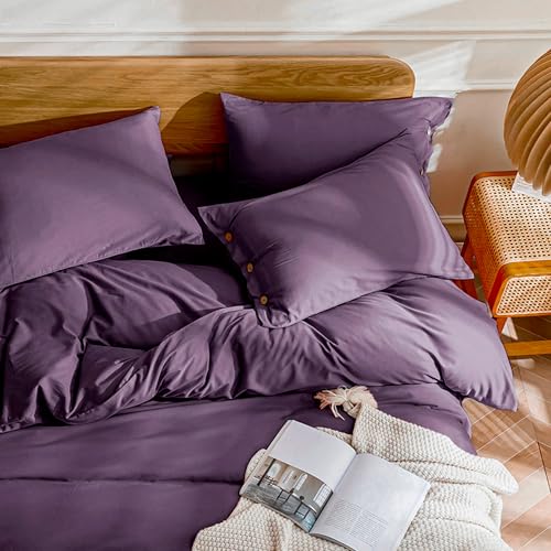 Image of JELLYMONI Cotton Duvet Cover Cal King Size - Purple Comforter Cover with Button 100% Washed Cotton 3PCS Breathable Soft Solid Bedding Set Duvet Cover 104x98in & 2 Pillowcases (NO Comforter)