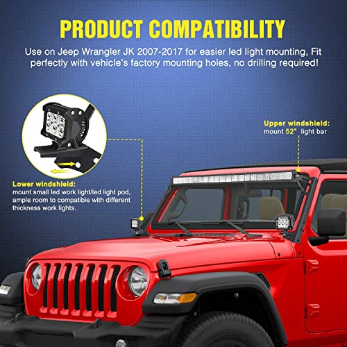 Image of Nilight 52Inch Led Light Bar Spot Flood 2Pcs 18W 4Inch Spot LED Pods Windshield Frame Mounting Bracket on Wrangler JK 2007-2017 with Off Road Wiring Harness- 3 Leads