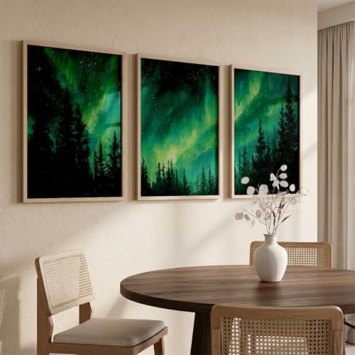 Image of kotart Big Aesthetic Nature Art Wall Framed Posters | Aurora Borealis Northern Lights View Framed Painting for Living Room Bedroom Wall Decor Set Of 3 (14x20 Inch)