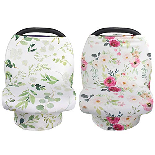 Image of NEWITIN 2 Pieces Flower Nursing Cover Breastfeeding Scarf Baby Car Seat Covers, Infant Stroller Cover, Carseat Canopy for Girls and Boys