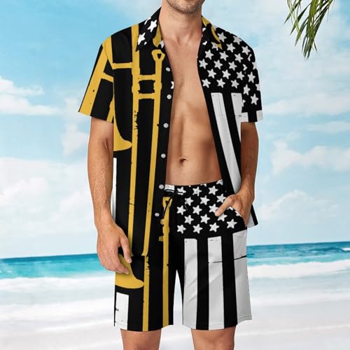 United States Flag Trombone Men's Hawaiian Shirt Button Down Top Shorts 2 Piece Outfits4