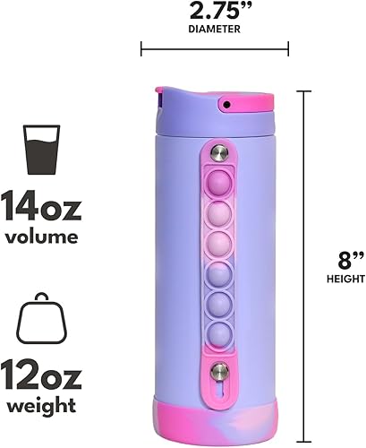 Miniatura 8 de Elemental Botella de agua icónica para niños con tapa de popote y alivio de estrés, mango Pop It, a prueba de fugas cuando está cerrada, botella de