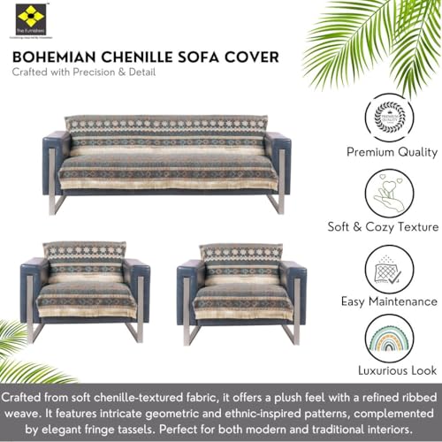 Image of Elegant Woven Grey Sofa Cover - Soft Chenille Traditional Pattern with Lace Style | L-Shape Sectional Seat Protector for Living Room | Durable & Stylish Slipcover 5 Seater Sofa Cover
