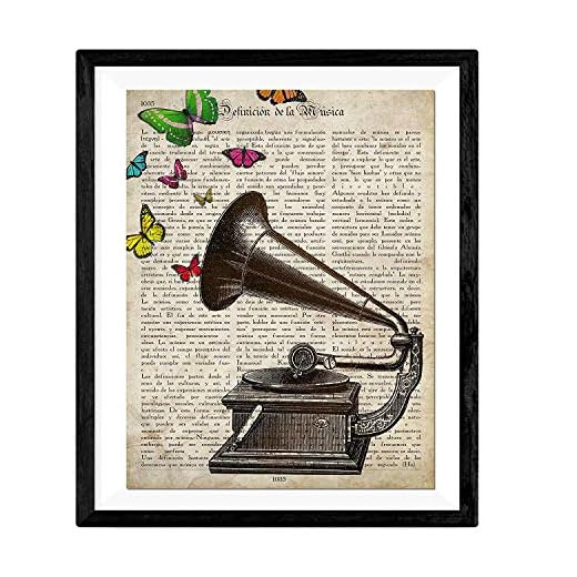 Nacnic Lámina enmarcada Gramola con Mariposas Regalo Vintage. Láminas enmarcadas con imágenes de música. Con marco