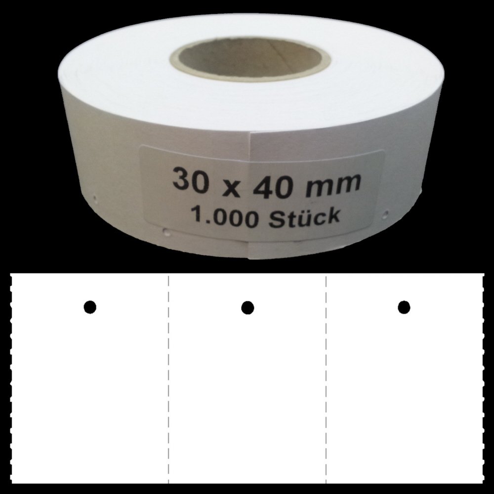 6.000 Endlosetiketten 30x40 mm blanko Kartonetiketten mit 3mm Lochung auf 6 Rollen Preisetiketten Hängeetiketten Etiketten