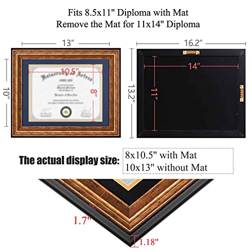 Core Art 11X14 Diploma Frame For 8.5 X 11 With Navy Mat Or 11 X 14 Without Mat, College Degree Document Certificate Frame For Wall Display(Distressed Gold) #TOP2