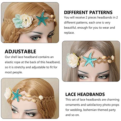 FRCOLOR 2pcs Sea Star Shell Wave Headband, Mermaid Hairbands Elastic Flowers Headpiece Seashell Hair Wreath for Women Girls - Image 2