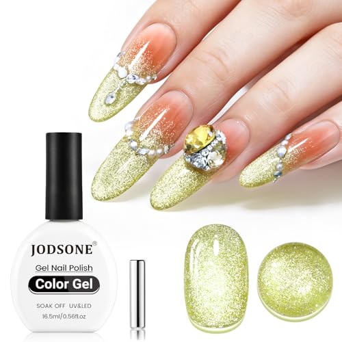JODSONE Gold Glassy Cat Eye Gel Nail Polish 16.5ml,Holographic Magnetic Cat Eye Gel Polish with Magnet,Reflective Translucent Need U V Curing Salon Gift for Girl & Women,CAT05