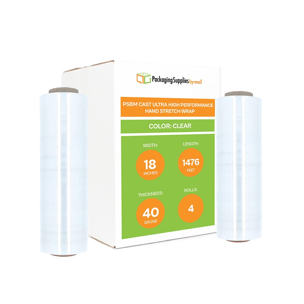 PSBM Hand Stretch Wrap, 4 Rolls, 18 Inch x 1476 Feet, Ultra High Performance Clear Hand Film for Moving & Storing