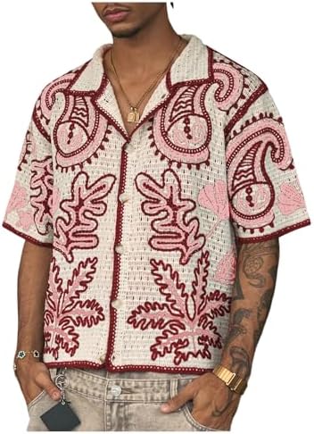 SOLY HUX Men's Graphic Crochet Shirt Button Down Short Sleeve Col...