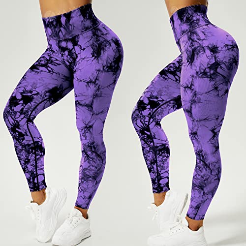 ZAAYO Tie Dye Gym Leggings Seamless High Waist Sport Leggings Scrunch Bums for Yoga Gym Workout Fitness Violet XL - Image 5