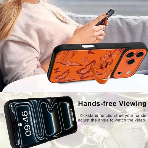 Image of for iPhone 17 Pro Case with Finger Strap Holder, Cute Cool Butterfly Print Pattern Design for Women Men, Shockproof Anti Scratch Hand Kickstand Protective Cover, Orange