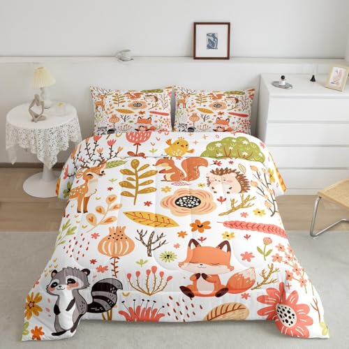 Image of Feelyou Kawaii Animals Comforter Twin Size Bedding Set for Kids Children Cute Fox Woodland Raccoon Wildlife Print Bedding Set Flower Leaves Quilt Duvet Set Colorful Toddler Bedroom Decor