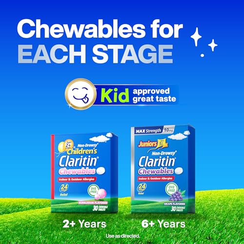 Image of Juniors Claritin Max Strength 10mg Chewables, One Dose for 24-Hour Non-Drowsy Allergy Relief, Children's Allergy Medicine, Kids Chewable Allergy Medicine, Ages 6+, Grape Flavored, Dye-free, 30 Tablets