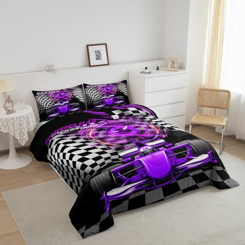 Image of Feelyou Kids Race Car Bedding Set Full Size, Purple Racing Car Comforter Set Boys Girls Karting Road Duvet Insert Teens Bedroom Decor with 2 Pillow Case
