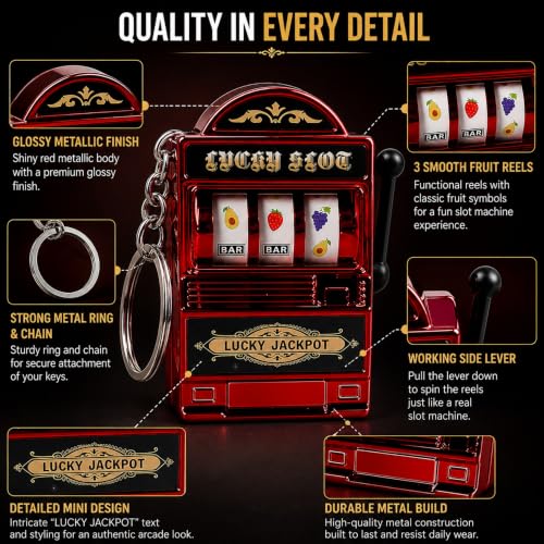 Image of Mini Arcade Slot Machine Keychain with Fruit Reel Display, Retro Novelty Key Ring and Bag Charm for Keys, Backpacks, Party Favors, Collectors and Festival Gifting