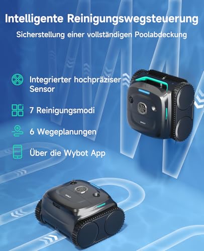 WYBOT C2 Poolroboter Akku Boden und Wand für Einbaupools bis 150㎡, Doppelfiltration, 3-Fach Motor, Starke Saugkraft, Wandkletter & Wasserlinie, 180 Min, App(Schwarz-Grün Grau) – Bild 3