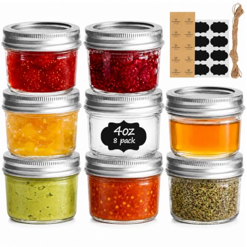 Image of ComSaf Mini Mason Jars 4oz - 8 Pack, Regular Mouth Mason Jar with Lids and Seal Bands, Small Glass Canning Jar for Spice, Jam, Honey, Jelly, Dessert, Shower Wedding Favors, DIY Candles Decor.