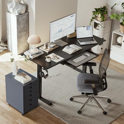 Image of Agilestic Height Adjustable Desk with Keyboard Tray, 55 x 24 Inches Electric Standing Desk, Stand up Computer Table with Memory Preset, Black