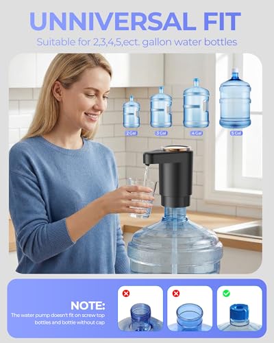 Water Jug Pump for 5 Gallon Bottle – Portable Electric USB-C Charging Dispenser, Dual Powerful Motors, Fast Flow, Fits 2-5 Gallon Jugs – Ideal for Home, Office, Camping, RV, Dark Black