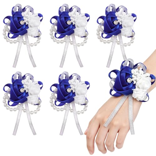 Meldel 6pcs Royal Blue Women Wrist Corsages, Faux Silk Rose for Wedding