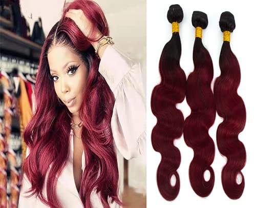 GEOU WIG Geou Ombre Burgundy Bundles Body Wave Human Hair Weave For Women Grade 8A Hair Weave Wet And Wavy Hiar 3 Bundles Wine Red Ombre Bundles 18 20 22 imch