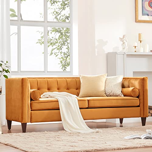 Dreamsir 78'' W Velvet Sofa, Mid-Century Love Seats Sofa Furniture With Bolster Pillows, Button Tufted Couch For Living Room, Tool-Free Assembly (Sofa, Ginger) #TOP6