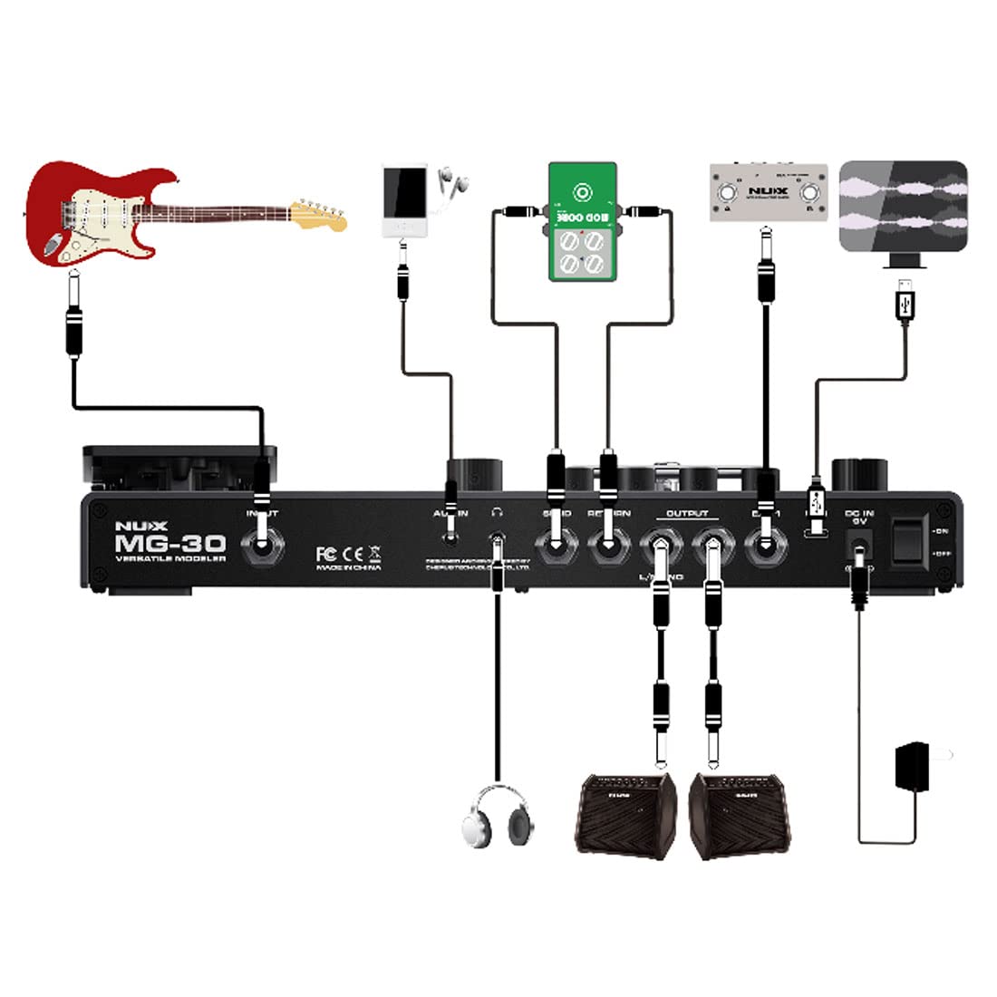 Nux MG-30 Guitar Modeling Multi-Effektgerät + keepdrum Klinkenkabel