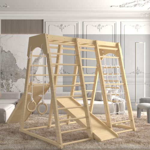 Toddler Jungle Gym, 66' Indoor Playground Set with Swing, Rock Climb Wall, Slide, Monkey Bars, Wood & Rope Ladder, Rope Wall Ladder for Kids 1-8yrs