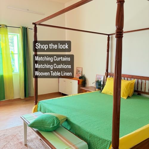 Image of RANGBHAR 100% Cotton Handloom Premium Bedsheet with 2 Pillow Covers, Hand Woven Striped Bed Covers, 200 Thread Count, Elegant Bedcover Flat Sheet, 90 X 100 inches - Green Yellow, 200 TC