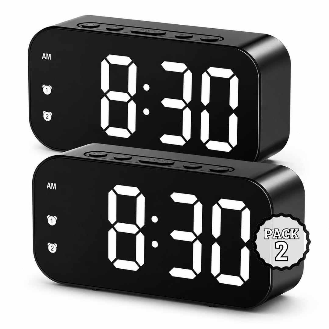 Pack de 2 – Reloj Digital Despertador con Doble Alarma, Pantalla LED Espejo HD, luz Nocturna cálida por Voz, Brillo Ajustable, Temperatura en Tiempo Real, silenciosos, Color Negro
