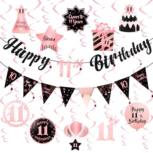 Image of 11th Birthday Decorations for Girls Rose Gold Pink Pre Strung Happy 11th Birthday Banner and Hanging Swirls 11 Year Old Girls Party Decorations Supplies