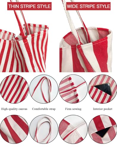 Image of Striped Canvas Tote Handbag for Women Vertical Stripe Large Capacity Shoulder Bag for Shopping Travel