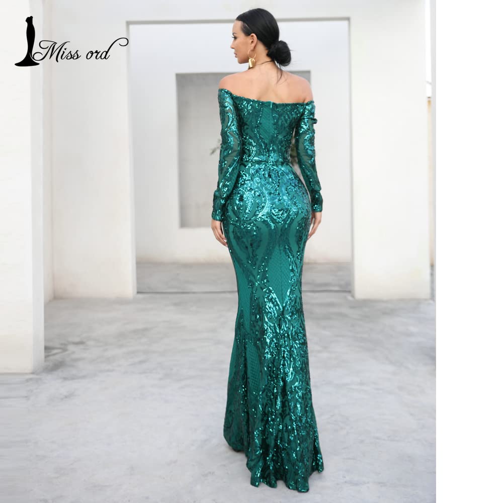 Miss ord Sexy Long Sleeve Retro Party Dress Sequin Formal Maxi Dress, Elegant Mermaid Evening Prom Gown Green