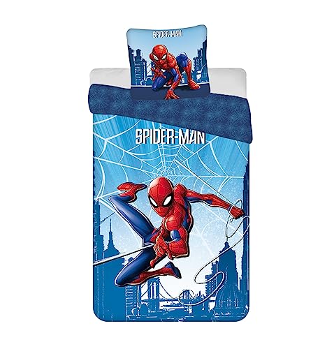 Jerry Fabrics Juego de cama Spiderman azul reversible y 100% algodón, funda nórdica de 140 x 200 cm + funda de almohada de 65 x 65 cm